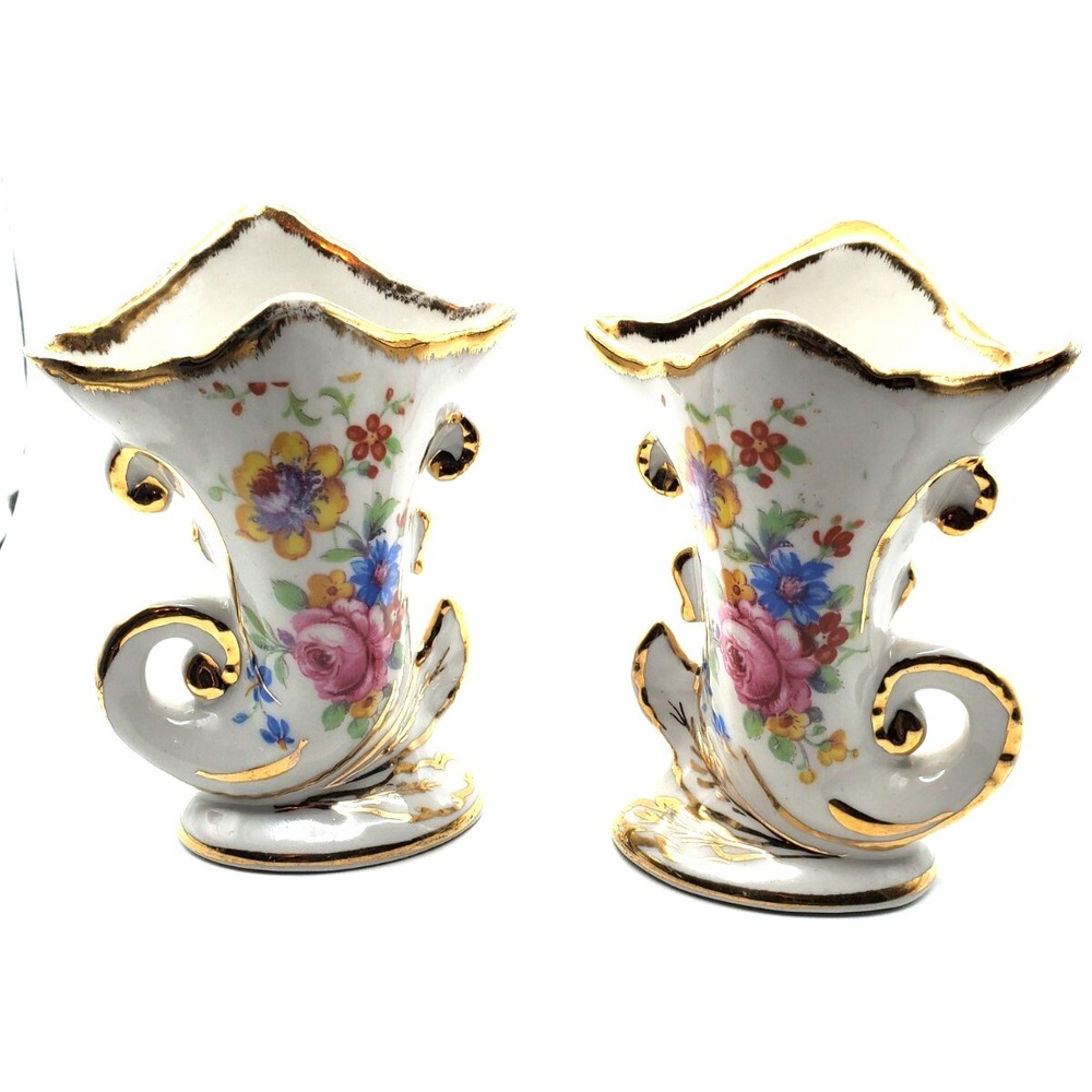 Antique Pair of Limoges Cornucopia Hand Painted Vases READ